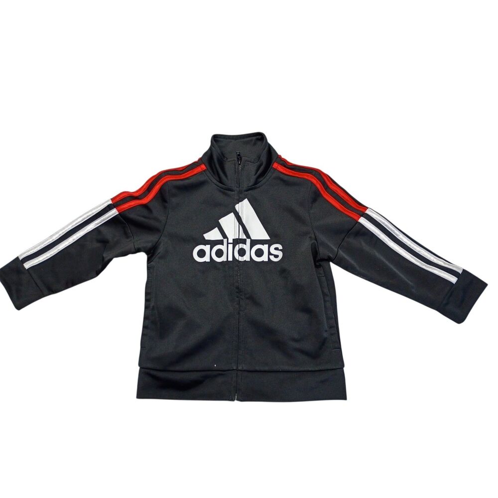 Adidas Black Athletic Jacket 2 Toddler White Pin Stripes Zip Front Collar Sports